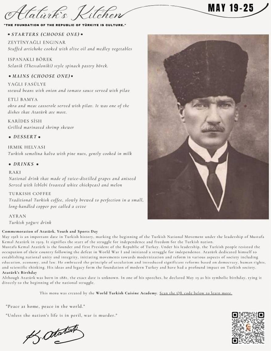 Atatürk's Kitchen, May 19–25 — second edition menu (2025): starters, mains, dessert and drinks; a portrait of Atatürk in a kalpak on the right
