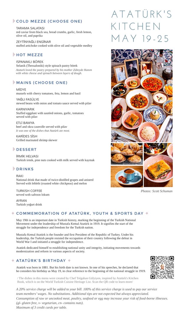 Atatürk's Kitchen, May 19–25 — first edition menu: cold and hot mezze, mains, dessert and drinks; on the right a table set with portraits of Atatürk